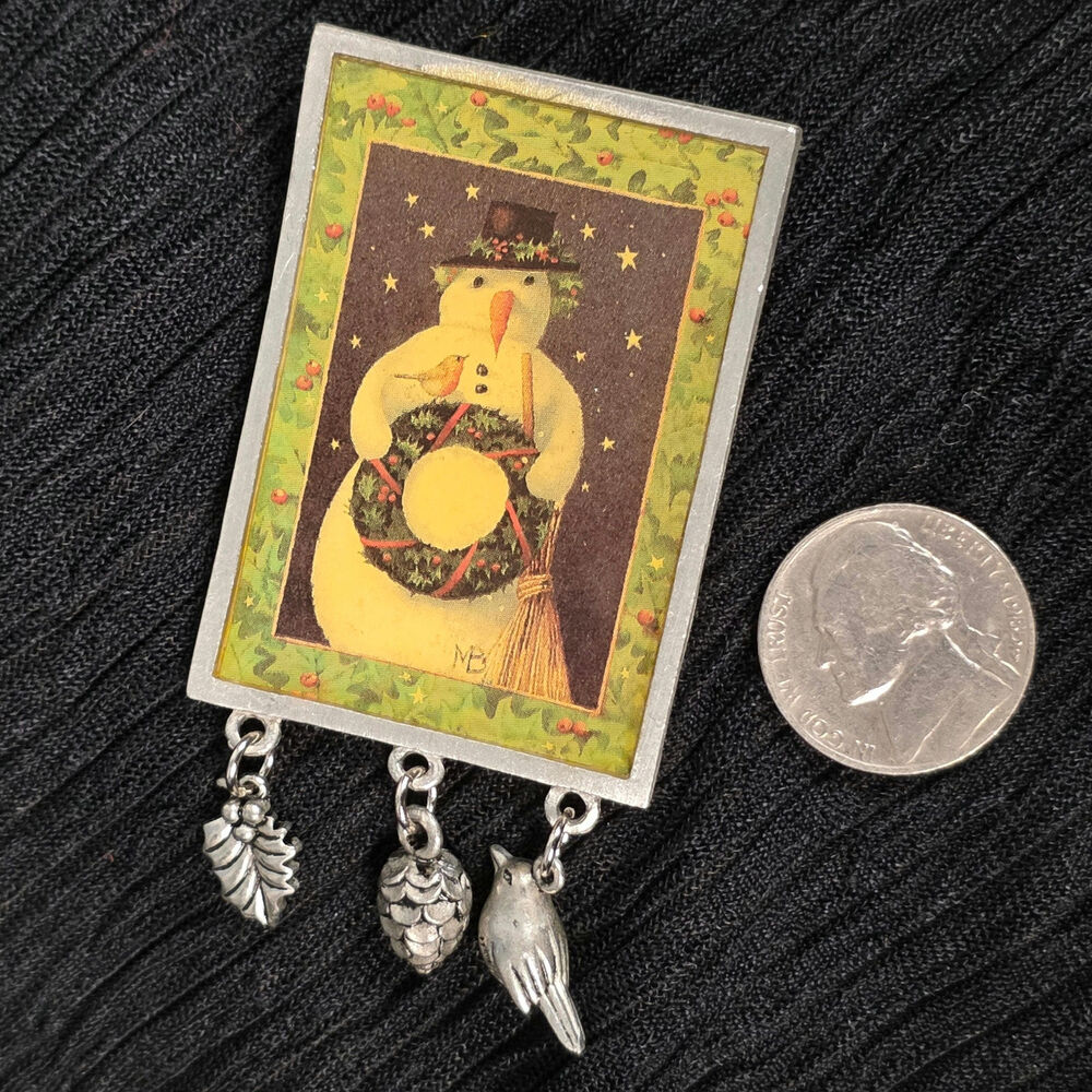 Vintage Marjolein Bastin Snowman Brooch Christmas Dangle Charm Pin - Picture 2 of 3